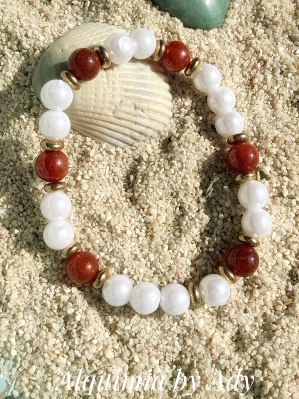 Carnelian Red and Cream Beaded Bracelet with Gold Accents